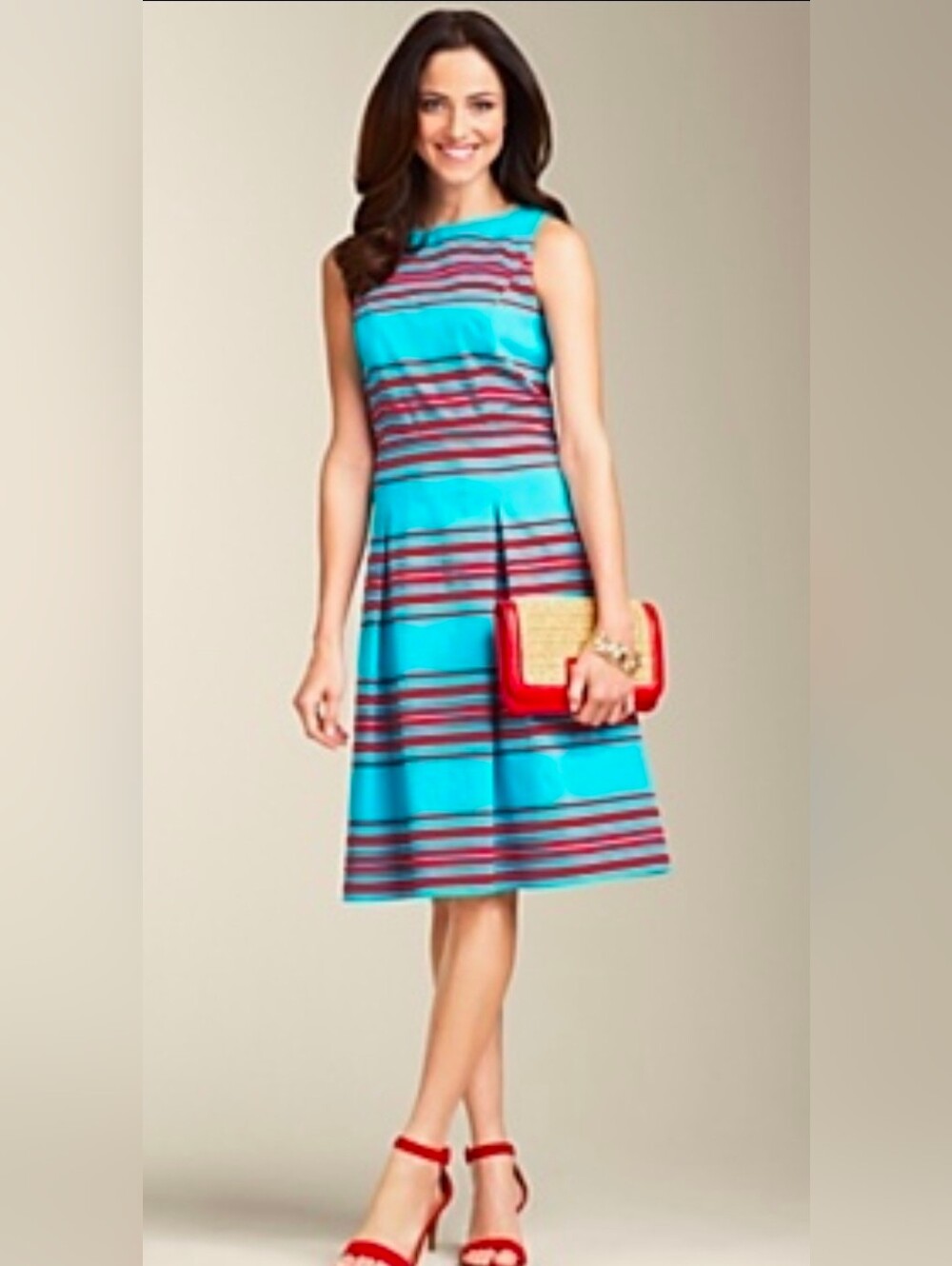 Talbots Turquoise Striped Fit-and-Flare Dress with Red Accent Stripes